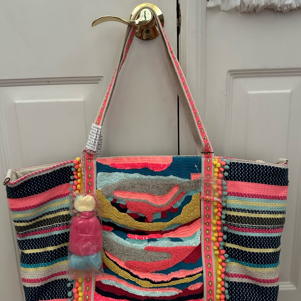 NWT - America & Beyond Brightly Colored Hand Beaded Tote 3 Piece Set